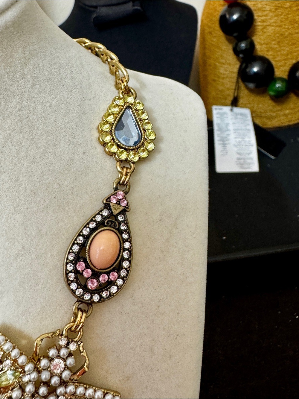 Gold-Tone Floral Statement Necklace with White and Peach Accents - Picture 3 of 6